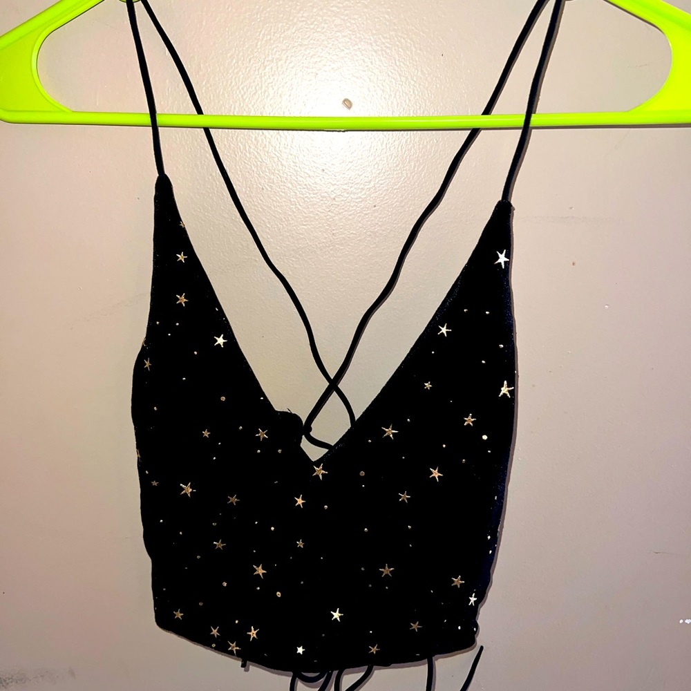 Black velvet and gold star crop top